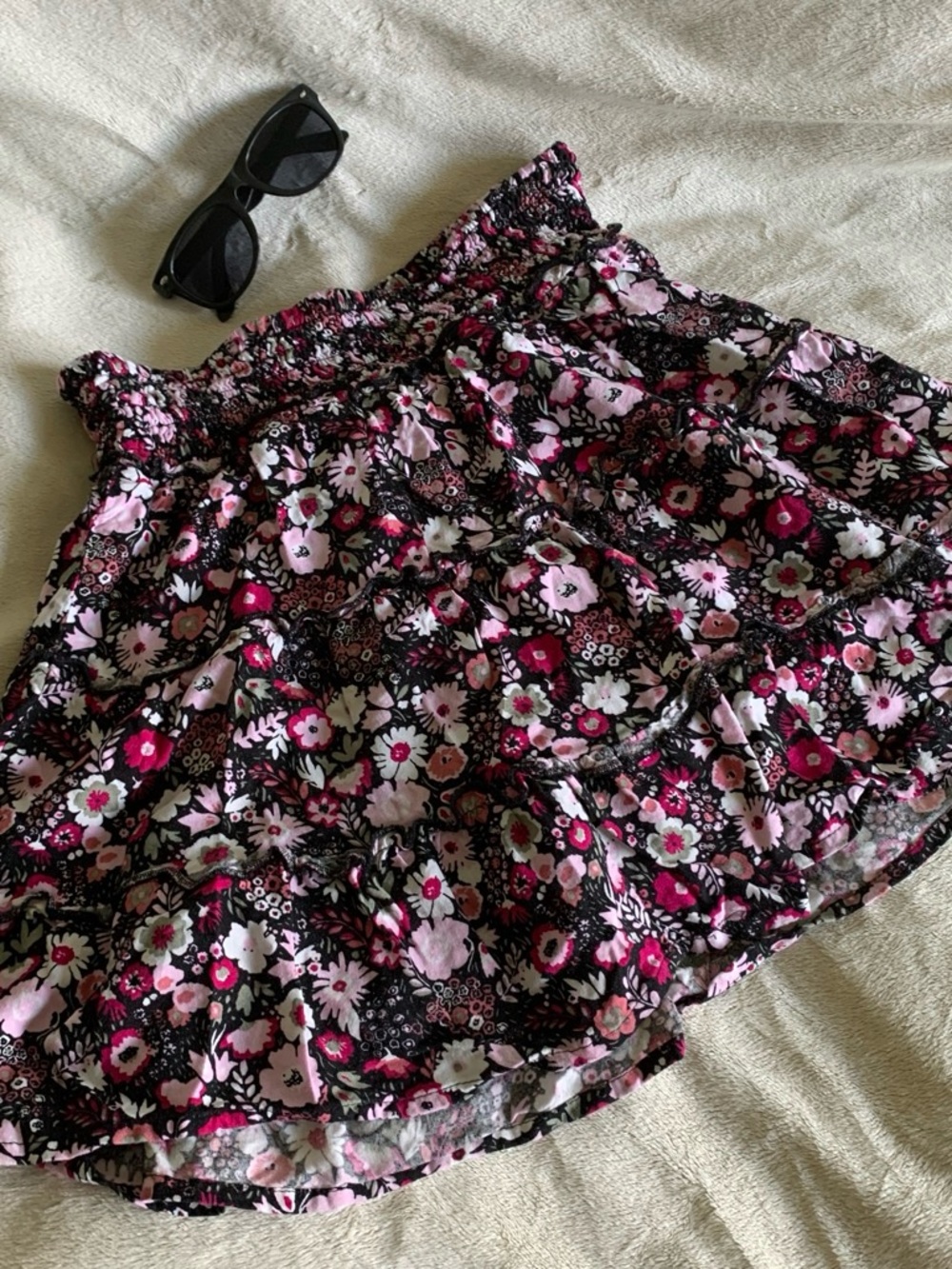 SO Black Floral Elastic Waist Skirt with Pink Accents